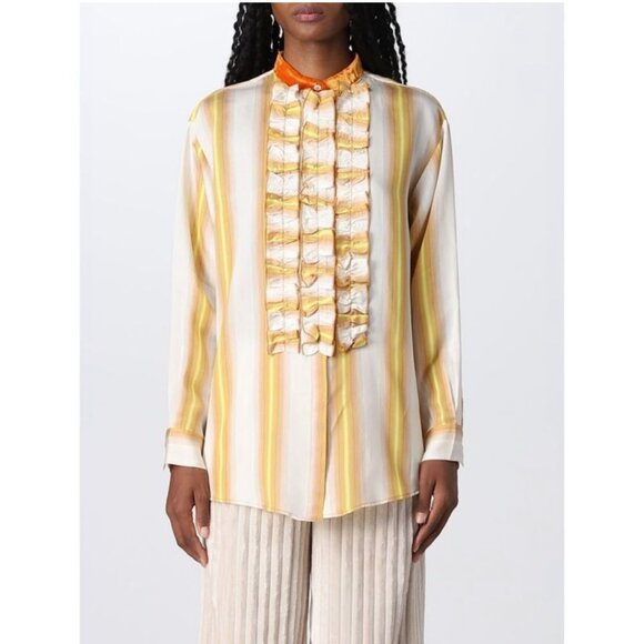 Forte Forte NWOT yellow, brown and white button down blouse with velvet collar - Picture 2 of 7